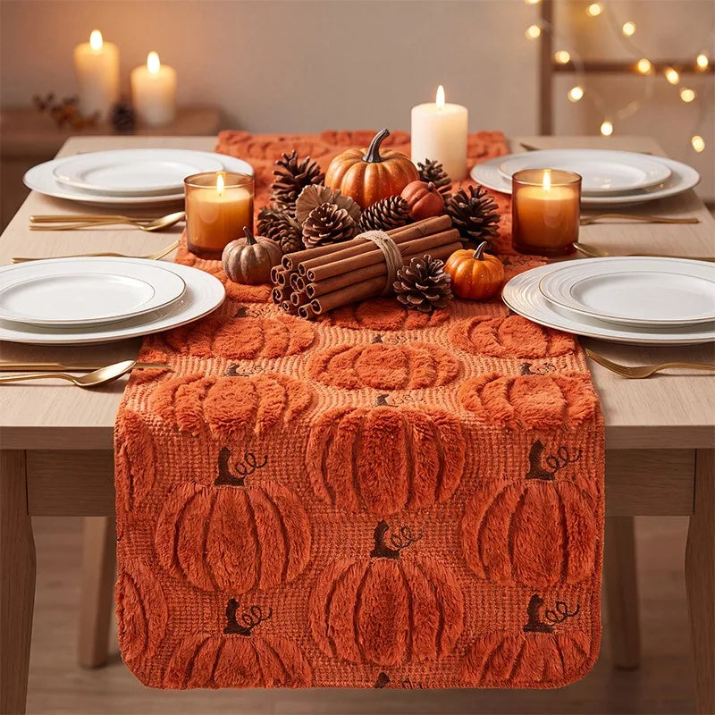Halloween Soft Fuzzy Pumpkin Table Runner，for Farmhouse Kitchen Dining Room, Thanksgiving Fall Party Warm Autumn Table Decor