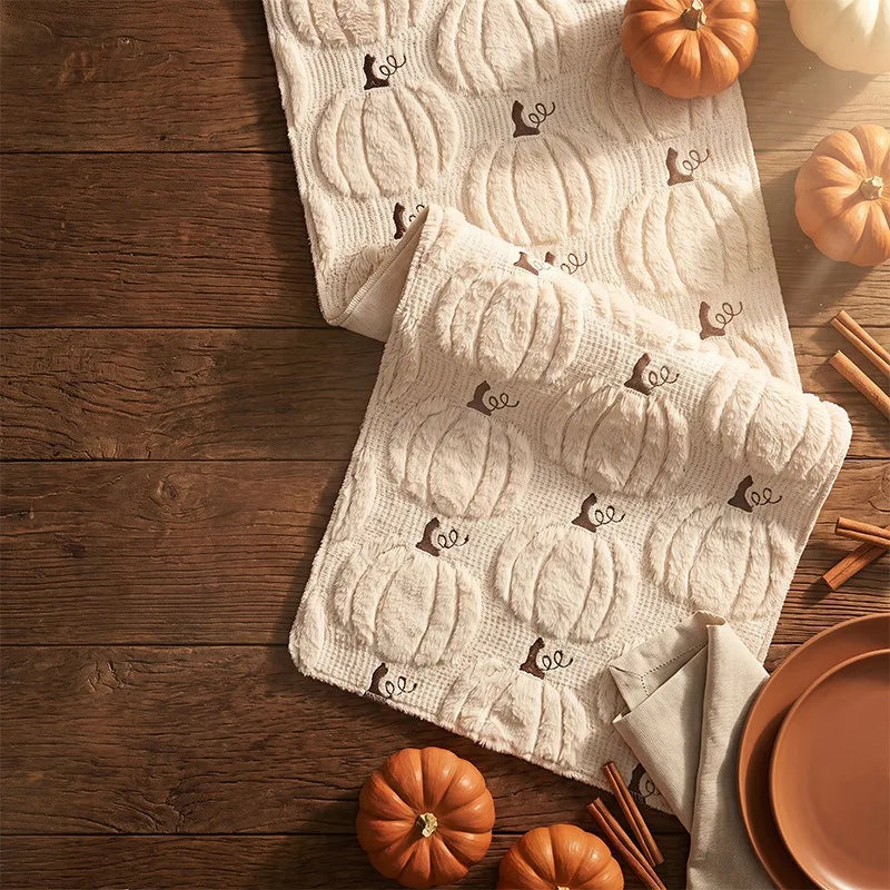 Halloween Soft Fuzzy Pumpkin Table Runner，for Farmhouse Kitchen Dining Room, Thanksgiving Fall Party Warm Autumn Table Decor