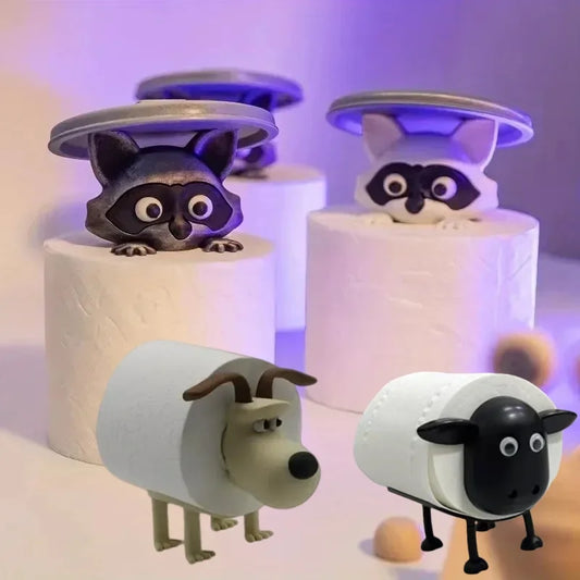 Cute Raccoon Dog Sheep Toilet Paper Holder Playful Bathroom Decor with Trash Can Lid Cover Unique Gift Idea Funny Home Accessory