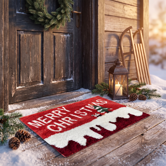 Weihnachtliche Fussmatte Merry Christmas mit Schneerand vor Holztür