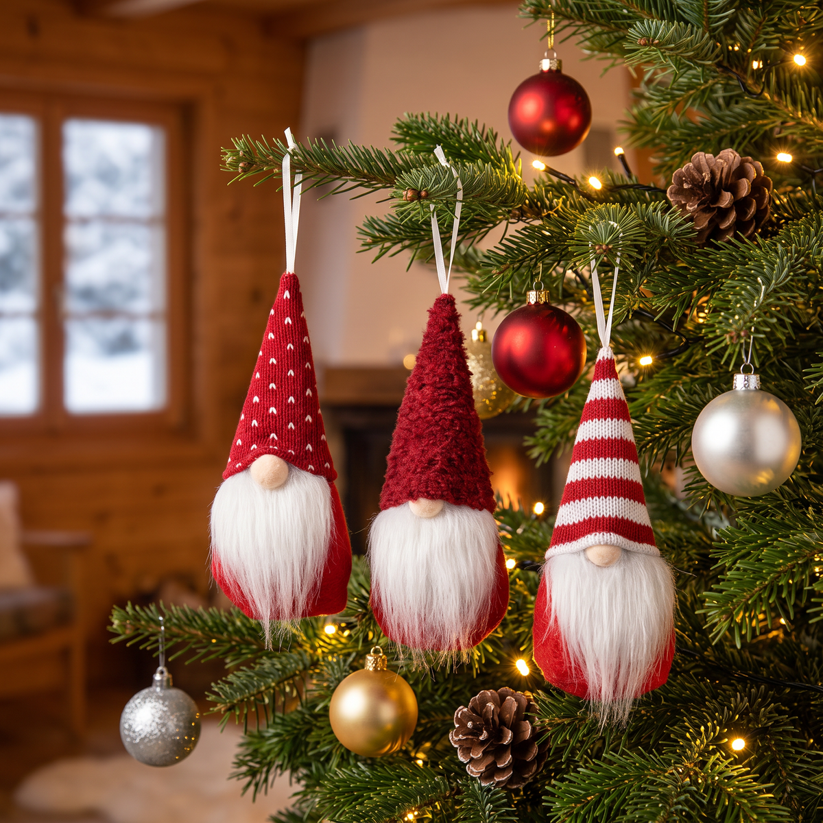 Weihnachtswichtel 3er-Set in Rot am Christbaum