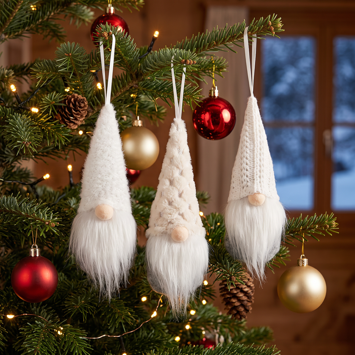 Weihnachtswichtel 3er-Set in Weiss am Christbaum