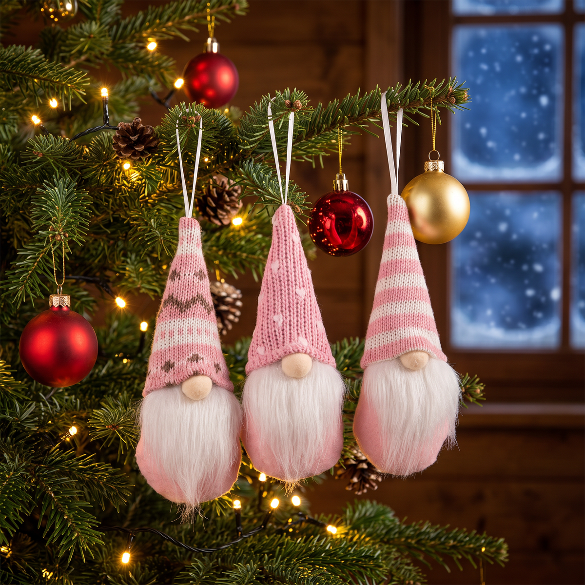 Weihnachtswichtel 3er-Set in Rosa am Christbaum