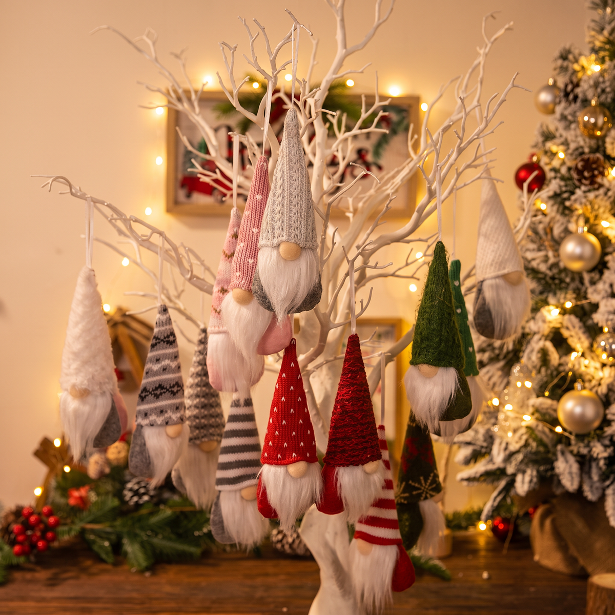Weihnachtswichtel hängen am weissen Ast als Weihnachtsdeko