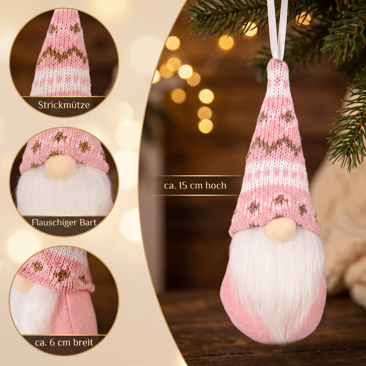 Weihnachtswichtel Details: Strickmütze, flauschiger Bart, ca. 15 cm hoch und 6 cm breit