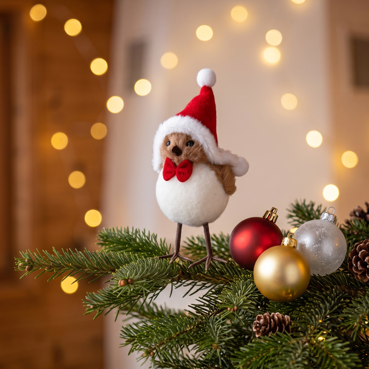 Weihnachtsvogel mit Fliege auf einem Tannenzweig