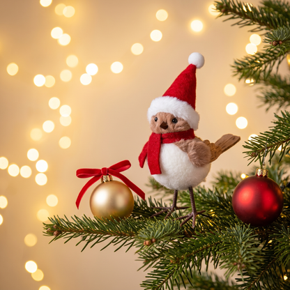 Weihnachtsvogel mit Zipfelmütze auf einem Tannenzweig