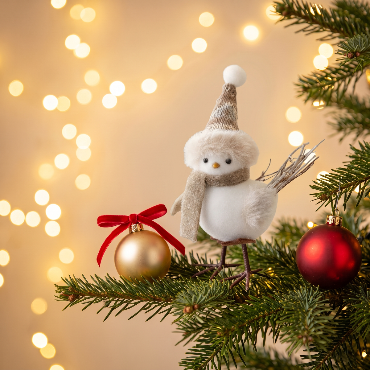 Weisser Weihnachtsvogel mit Zipfelmütze auf einem Tannenzweig
