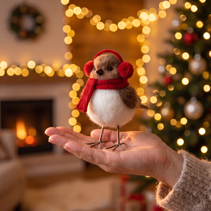 Weihnachtsvogel mit Ohrenwärmer in der Hand gehalten – ca. 14 cm hoch